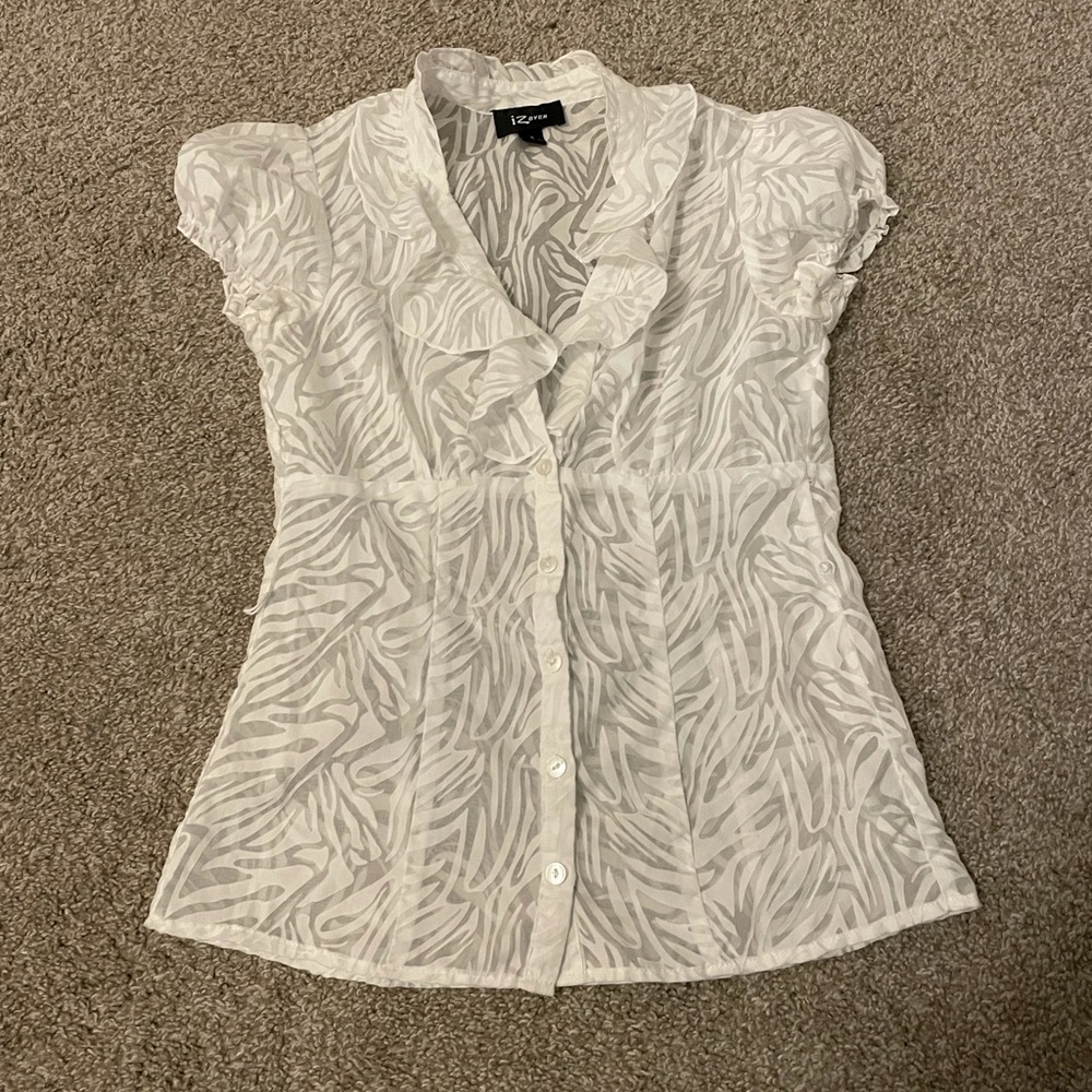 white zebra print button see through up short sleeve t shirt